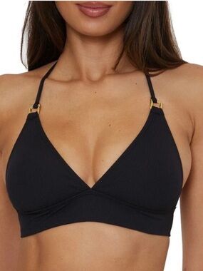 New! Becca Black Modern Edge
Textured Rib Halter Bikini Swim Top, Size Medium